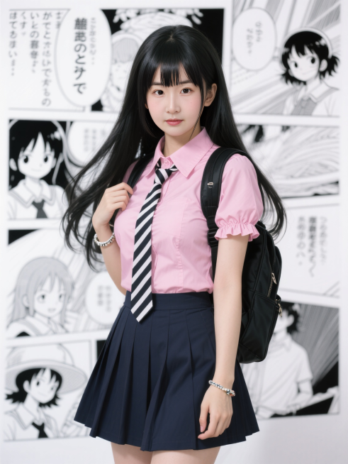 写真摄影，海贼王娜美Cosplay形象鲜明。她有着乌黑的长发，自然垂落，发丝柔顺有光泽。身着粉色的短袖衬衫，领口是俏皮的翻领设计，袖口有可爱的褶皱，搭配一条深色的短裙，肩上背着黑色的双肩包，胸前系着一预览效果