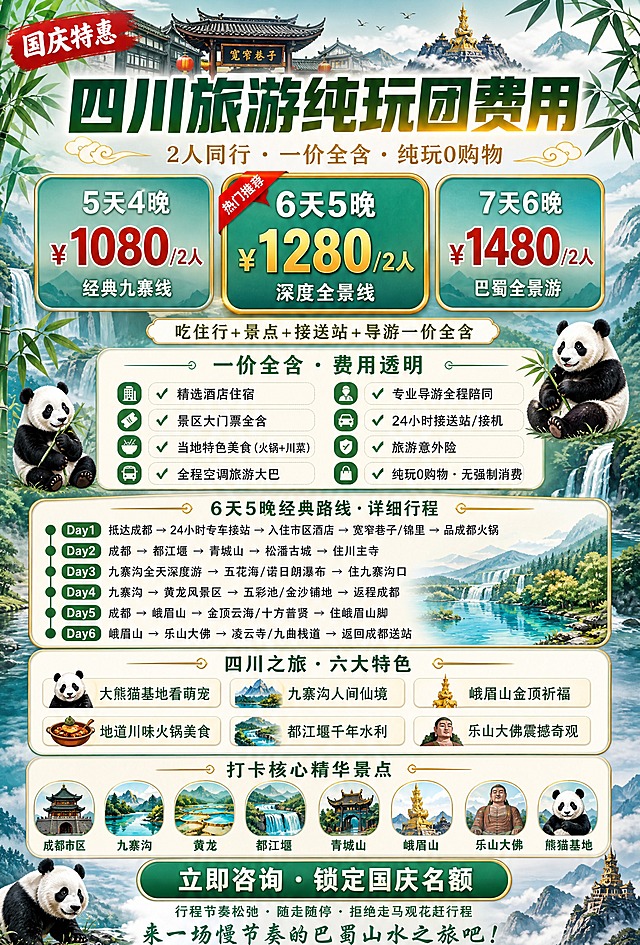 四川旅游纯玩团价格表海报，竖版长图，国潮青绿熊猫风格。背景为四川山水意境，青绿色调的九寨沟山水与峨眉山云雾，憨态可掬的大熊猫剪影点缀，顶部有成都宽窄巷子古建剪影与国庆红灯笼元素，整体清新自然，充满巴蜀风情。

画面顶部主标题区：大字号粗黑体主标题"四川旅游纯玩团费用"，深绿色与金色渐变，下方副标题"2人同行 · 一价全含 · 纯玩0购物"，金色小字，标题区两侧有竹叶与祥云装饰，左上角加"国庆特惠"红色标签。

上部为价格套餐核心区，采用3个横向排列的圆角卡片并列布局，每个卡片一个档位，青绿渐变卡片，金色细描边，轻微阴影：
卡片1：上方大字"5天4晚"，中间大号加粗红色价格"¥1080/2人"，底部小字"经典九寨线"
卡片2：上方大字"6天5晚"，中间大号加粗金色价格"¥1280/2人"，此卡片加红色"热门推荐"角标，尺寸略大突出，底部小字"深度全景线"
卡片3：上方大字"7天6晚"，中间大号加粗红色价格"¥1480/2人"，底部小字"巴蜀全景游"

价格区下方为费用包含区，标题"一价全含 · 费用透明"，绿色分割线装饰，下方用图标+文字形式分两列展示：
"✓ 精选酒店住宿"
"✓ 景区大门票全含"
"✓ 当地特色美食（火锅+川菜）"
"✓ 全程空调旅游大巴"
"✓ 专业导游全程陪同"
"✓ 24小时接送站/接机"
"✓ 旅游意外险"
"✓ 纯玩0购物 · 无强制消费"

中部为详细路线行程区，标题"6天5晚经典路线 · 详细行程"，金色分割线装饰，下方按天数详细列出每日行程，采用时间轴布局，左侧绿色圆点时间标记：

Day1 抵达成都 → 24小时专车接站/接机 → 入住市区酒店 → 自由逛宽窄巷子/锦里 → 品成都火锅小吃
Day2 成都 → 都江堰水利工程 → 青城山 → 松潘古城 → 入住川主寺酒店
Day3 九寨沟全天深度游览 → 树正沟/日则沟/则查洼沟 → 五花海/诺日朗瀑布 → 住九寨沟口
Day4 九寨沟 → 黄龙风景区 → 五彩池/金沙铺地 → 返程成都 → 住成都市区
Day5 成都 → 峨眉山 → 金顶云海/十方普贤 → 住峨眉山脚
Day6 峨眉山 → 乐山大佛 → 凌云寺/九曲栈道 → 返回成都 → 自由活动 → 送站结束行程

行程区下方为特色亮点区，标题"四川之旅 · 六大特色"，下方三列两行图标配文字：
"🐼 大熊猫基地看萌宠"
"🏔️ 九寨沟人间仙境"
"🙏 峨眉山金顶祈福"
"🍲 地道川味火锅美食"
"🌊 都江堰千年水利"
"🗿 乐山大佛震撼奇观"

再下方为精华景点区，标题"打卡核心精华景点"，下方横向排列景点名称配小图标："成都市区""九寨沟""黄龙""都江堰""青城山""峨眉山""乐山大佛""熊猫基地"

画面底部为行动区：大绿色圆角主按钮"立即咨询 · 锁定国庆名额"，下方小字"行程节奏松弛 · 随走随停 · 拒绝走马观花赶行程"，底部加"来一场慢节奏的巴蜀山水之旅吧！"温馨文案。

整体配色：青绿山水+熊猫黑白+中国红点缀，清新国潮风格，版式精美，信息层级分明，四周留安全边距，所有文字清晰可读，行程信息详细完整。

画面中必须完整呈现以下文字信息：
"四川旅游纯玩团费用"
"2人同行 · 一价全含 · 纯玩0购物"
"5天4晚 ¥1080/2人"
"6天5晚 ¥1280/2人"
"7天6晚 ¥1480/2人"
"吃住行+景点+接送站+导游一价全含"
"一价全含 · 费用透明"
"精选酒店住宿"
"景区大门票全含"
"当地特色美食（火锅+川菜）"
"全程空调旅游大巴"
"专业导游全程陪同"
"24小时接送站/接机"
"旅游意外险"
"纯玩0购物 · 无强制消费"
"6天5晚经典路线 · 详细行程"
"Day1 抵达成都 → 24小时专车接站 → 入住市区酒店 → 宽窄巷子/锦里 → 品成都火锅"
"Day2 成都 → 都江堰 → 青城山 → 松潘古城 → 住川主寺"
"Day3 九寨沟全天深度游 → 五花海/诺日朗瀑布 → 住九寨沟口"
"Day4 九寨沟 → 黄龙风景区 → 五彩池/金沙铺地 → 返程成都"
"Day5 成都 → 峨眉山 → 金顶云海/十方普贤 → 住峨眉山脚"
"Day6 峨眉山 → 乐山大佛 → 凌云寺/九曲栈道 → 返回成都送站"
"大熊猫基地看萌宠"
"九寨沟人间仙境"
"峨眉山金顶祈福"
"地道川味火锅美食"
"都江堰千年水利"
"乐山大佛震撼奇观"
"成都市区"
"九寨沟"
"黄龙"
"都江堰"
"青城山"
"峨眉山"
"乐山大佛"
"熊猫基地"
"立即咨询 · 锁定国庆名额"
"行程节奏松弛 · 随走随停 · 拒绝走马观花赶行程"
"来一场慢节奏的巴蜀山水之旅吧！"

画面中所有数字必须精确渲染，不得错位、遗漏或编造。
画面中所有信息区域、套餐卡片、行程列表、权益列表必须填充完整合理的内容，不得出现空白框、空白占位、横线待填写区域、空列表项、空单元格。
画面中不得出现二维码、二维码占位符或任何二维码图案。