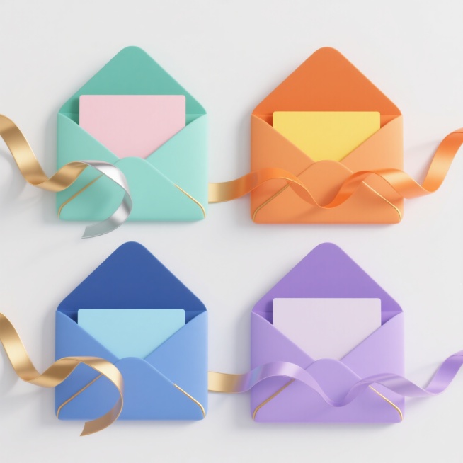 白色背景上，四个规整排布的系列素材集合，每个元素均为3D立体风格的信封与卡片组合，保持相同的元素内容和造型结构，信封呈折叠状态，开口处露出内侧卡片，金色丝带从信封两侧优雅环绕并自然垂落。第一个元素整体色彩变换为清新的薄荷绿信封搭配淡粉色卡片与银色丝带，第二个为活力橙信封配亮黄色卡片与橙色丝带，第三个为静谧蓝信封配浅蓝色卡片与深蓝色丝带，第四个为温柔紫信封配淡紫色卡片与浅紫色丝带，所有元素均保持……预览效果