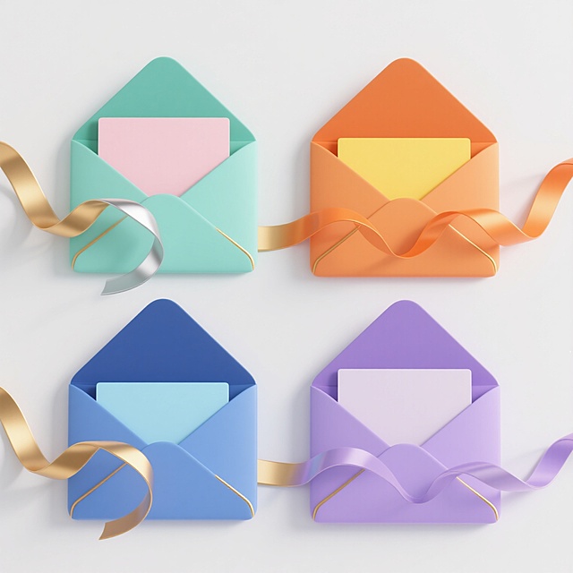 白色背景上，四个规整排布的系列素材集合，每个元素均为3D立体风格的信封与卡片组合，保持相同的元素内容和造型结构，信封呈折叠状态，开口处露出内侧卡片，金色丝带从信封两侧优雅环绕并自然垂落。第一个元素整体色彩变换为清新的薄荷绿信封搭配淡粉色卡片与银色丝带，第二个为活力橙信封配亮黄色卡片与橙色丝带，第三个为静谧蓝信封配浅蓝色卡片与深蓝色丝带，第四个为温柔紫信封配淡紫色卡片与浅紫色丝带，所有元素均保持平滑的渐变质感、清晰的光影层次、精致的金色描边细节，呈现出统一的简约现代设计感和精致的礼品氛围。