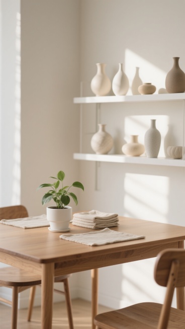 原木色桌面搭配浅色墙面的室内场景，柔和的自然光从左侧洒入形成斑驳光影，右侧白色开放式书架上摆放不同造型的陶瓷花瓶与装饰摆件，桌面上换为盛放绿色植物的白色花盆和叠放的浅色布艺餐垫，整体采用米色、浅灰与原木色调营造温馨简约的居家氛围，焦点清晰、背景虚化，呈现干净通透的生活美学感。预览效果