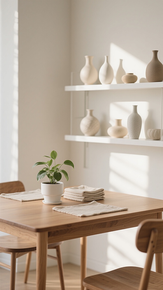 原木色桌面搭配浅色墙面的室内场景，柔和的自然光从左侧洒入形成斑驳光影，右侧白色开放式书架上摆放不同造型的陶瓷花瓶与装饰摆件，桌面上换为盛放绿色植物的白色花盆和叠放的浅色布艺餐垫，整体采用米色、浅灰与原木色调营造温馨简约的居家氛围，焦点清晰、背景虚化，呈现干净通透的生活美学感。