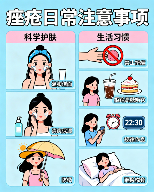 漫画风格，展示痤疮日常注意事项：分科学护肤和生活习惯两部分，科学护肤里画温和洁面、清爽保湿、防晒的场景；生活习惯里画禁止挤痘、拒绝高糖奶饮、规律作息、更换枕套的画面，生动易懂预览效果