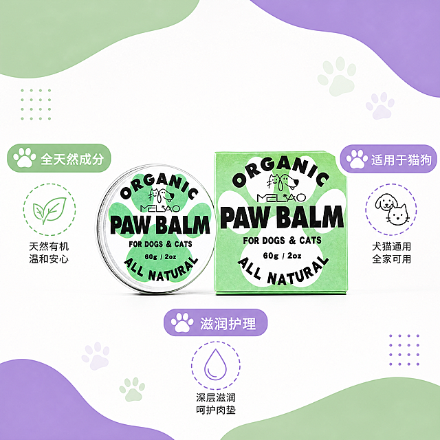 [副图1-宠物护爪膏卖点展示]参考已生成主图的清新绿紫风格，继续沿用1:1比例，展示宠物护爪膏核心卖点。保持产品外观与原图完全一致，不变形色差。采用中心产品大图+环绕式图标卖点布局，产品居中放置，围绕产品展示3个核心卖点：全天然成分、适用于猫狗、滋润护理。画面干净简约，商业摄影质感，自然柔光，色彩清新，排版层次感强，字体圆润可爱。产品占比约60%，卖点图标使用圆角绿色紫色标签，每个卖点配短句说明和爪印图标，文字清晰不遮挡产品。整体风格和配色与主图保持统一，1:1比例，4K高清。[负向提示词]变形，水印，文字错乱，产品模糊，背景杂乱