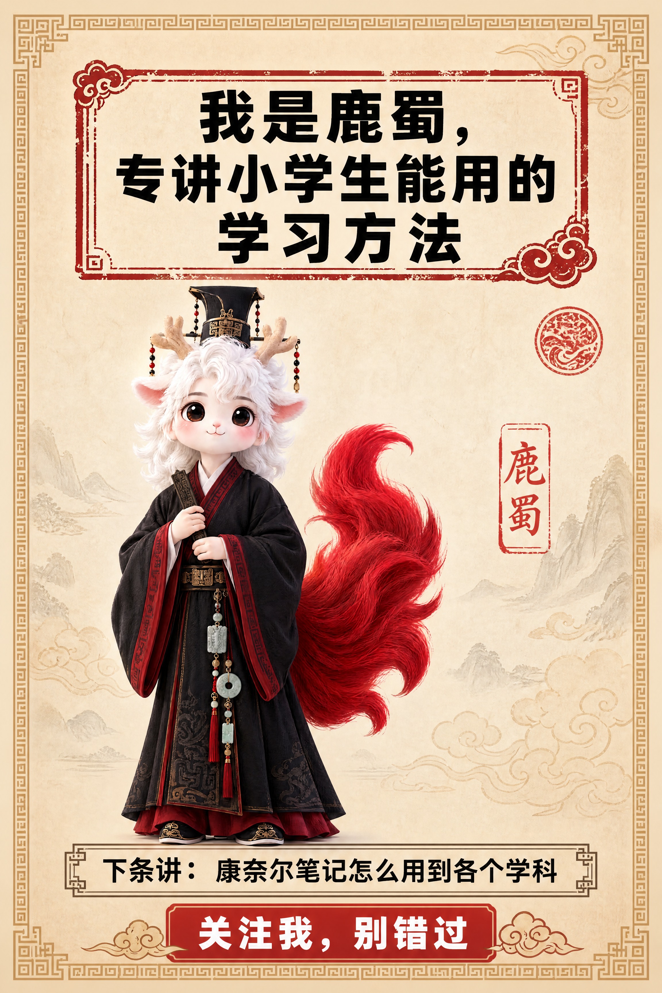 小红书笔记结尾页，统一模板，国风山海经风格，米黄色宣纸纹理背景… - 图片创意预览