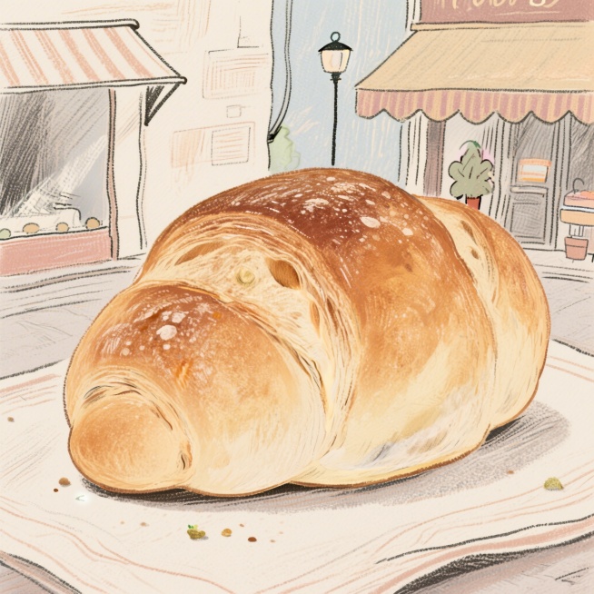 一个柔软蓬松的法式面包，手绘风格，随性中带着精致，艺术家风格，画面诱人不单调，有少量不抢风头的小点缀预览效果