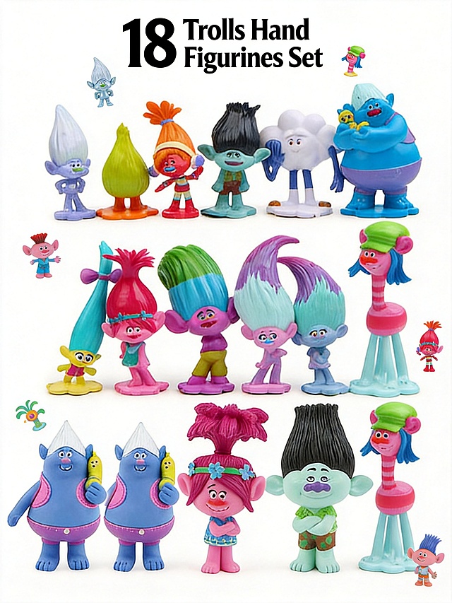 Generate an English e-commerce main image for 18 Trolls hand figurines, based on the original image. The main background is white, add simple English title and appropriate cartoon elements, the overall style is minimalist, high definition product display.
