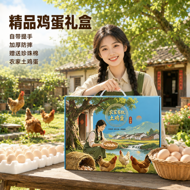 [主图-1] 精品鸡蛋礼盒淘宝首图，农村院子场景展示。
[氛围风格] 乡村自然风格，清新自然农家氛围；
[画质] 商业摄影质感、光线柔和通透、产品清晰真实、画面干净高级。
[元素] 精品鸡蛋礼盒放置在预览效果