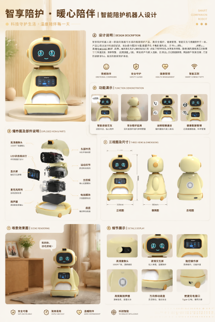 制作一张A3规格的智能陪护机器人产品设计展板，参考https://2.jpg的排版结构，整体风格保持现代简约科技感。展板从上到下包含：顶部主标题“智享陪护 · 暖心陪伴 | 智能陪护机器人设计”，下方预览效果