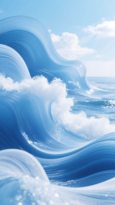 一幅以蓝色和白色为主色调的自然风光抽象线条艺术作品，画面中呈现出流动的、波浪状的抽象线条，这些线条仿佛是自然元素的动态表现。整体风格偏向现代抽象，光影运用上，光线从画面的一侧柔和地洒入，使得蓝色区域呈现出深浅不一的层次感，白色部分则如同被阳光照亮的浪花或云朵，带有细腻的光泽感。改变画面纹理为细腻的磨砂质感，同时保留线条的流畅性和色彩的渐变过渡，营造出一种宁静而富有动感的氛围，让人联想到海洋的波……预览效果