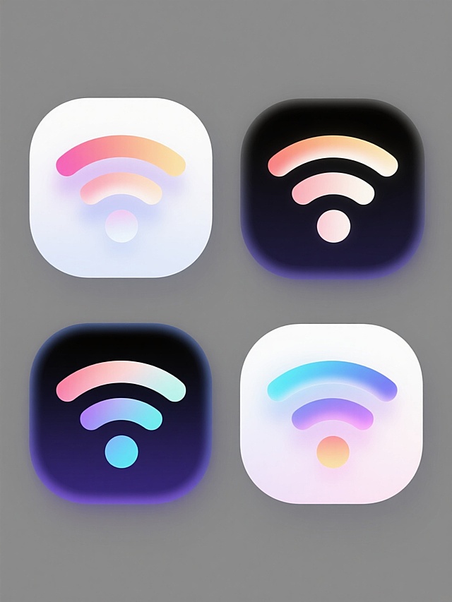 四个不同配色、不同样式的WiFi图标，采用半透明渐变光效设计，带有柔和的光晕和流畅的波浪线条，保持数字艺术的简洁现代风格，白色背景，图标排列整齐，每个图标色彩鲜明且各不相同，整体视觉统一且具有层次感
