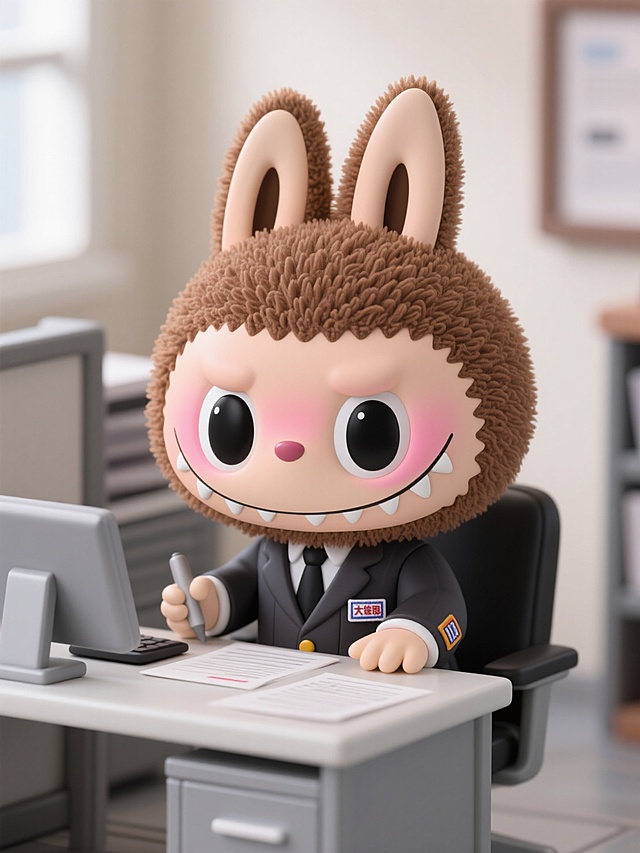 3D卡通风格，拟人化毛茸茸角色办公场景，可爱表情与职业装结合，趣味十足。