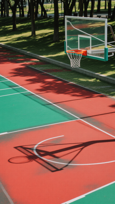生成五张不同视角方向的硅pu篮球场视红绿配色的预览效果