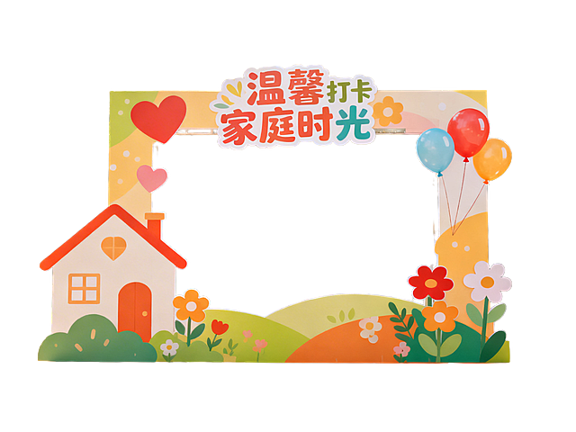 户外多人打卡背景墙，无人物，整体颜色充满活力，融入家庭温馨元素，添加温馨打卡主题文字，布置温馨有吸引力，适合家庭合影拍照，背景墙设计活泼新颖，户外自然光环境