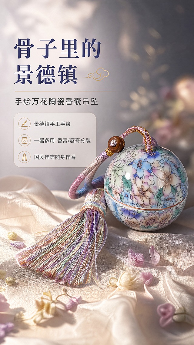 [商品] 使用【图1】景德镇手绘万花陶瓷香囊吊坠罐；保留球形罐体结构、手绘蓝粉紫绿万花花卉纹样、渐变彩色流苏挂绳、棕色木质圆珠扣、粉紫渐变编织绳结；真实功能方向为可开合分装罐+挂饰吊坠；商品处理：保留全部手绘纹样细节和颜色，增强陶瓷釉面光泽感，理顺流苏丝线，去除背景杂物。
[画面] 页面目标：氛围头图，第一眼抓住国风精致颜值。构图：居中偏右主体展示，左侧留白放文案，产品占画面55%。景别：中景。主体角度：正面微侧45度，展示罐体完整花纹与流苏垂坠感。前中后景：前景散落干花花瓣与浅米色丝绸衬布，中景陶瓷吊坠罐主体，后景虚化深灰渐变背景加柔和光斑。阅读动线：左上标题→左下卖点→右侧产品。
[视觉] 套系策略：风格=国风雅致新中式商业摄影；标题字=宋体衬线粗体；正文字=简洁无衬线体；主色=莫兰迪粉紫蓝；背景延展=基于粉紫蓝做深浅层级、同色渐变和宣纸/大理石质感；强调色=鎏金色，仅用于小面积图标、引线和标签；标题色=深墨蓝；正文色=中暖灰；组件=圆角浅底信息卡、细线引线、中式云纹点缀；光影=左前侧暖柔光，陶瓷表面有柔和高光反射。
[文字] 左上主标题「骨子里的景德镇」，副标题「手绘万花陶瓷香囊吊坠」，下方3个短卖点：①景德镇手工手绘 ②一器多用·香膏/唇膏分装 ③国风挂饰随身伴香；文字区左上排布，不遮挡罐体主花纹和流苏。
[规格] 图片比例9:16竖版，4K分辨率，避免变形、错字、文字过小、冷蓝灰背景、陶瓷颜色改变、纹样失真、流苏杂乱。