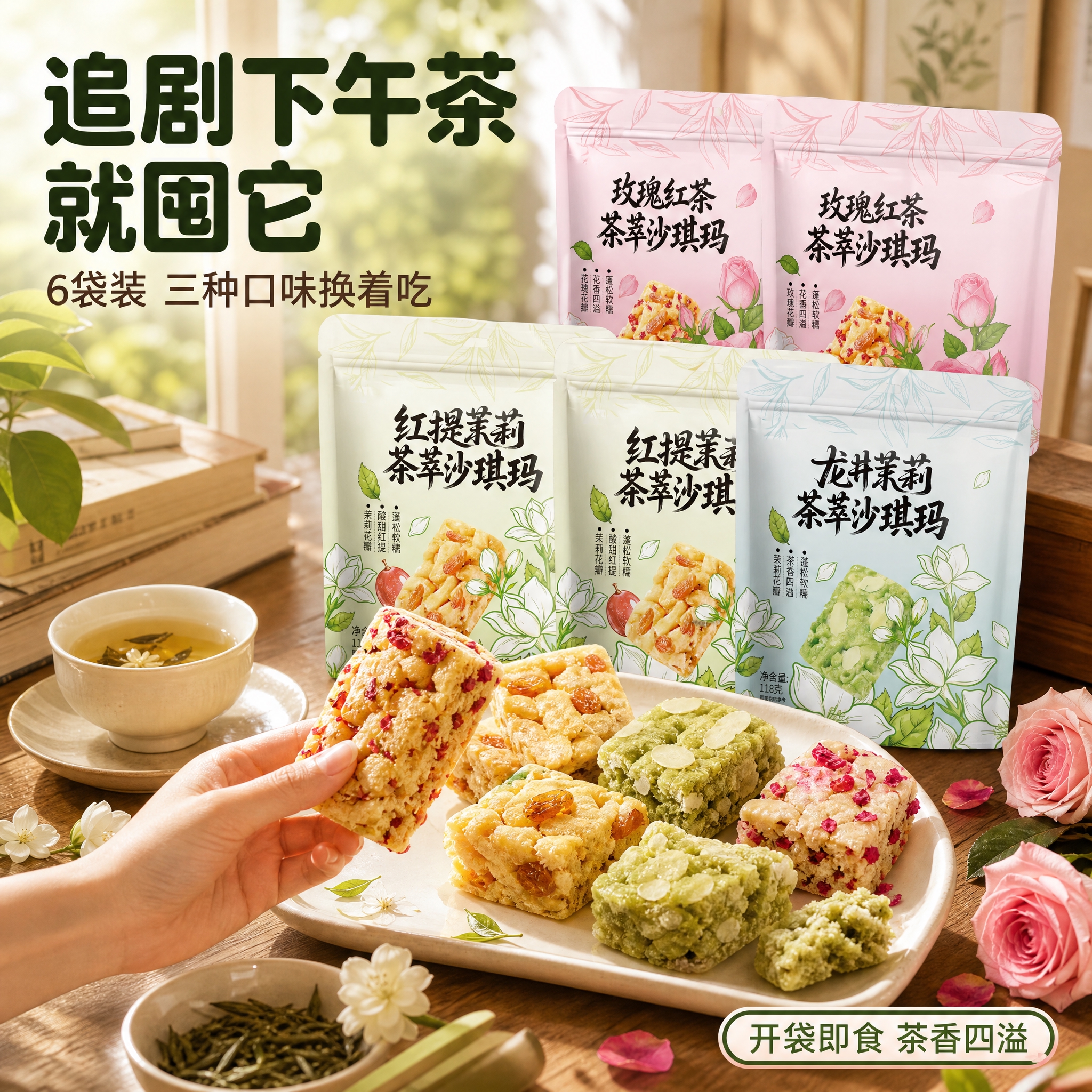 [主图-4] 场景与体验：6袋装追剧下午茶囤货场景，手部拿取沙… - 图片创意预览