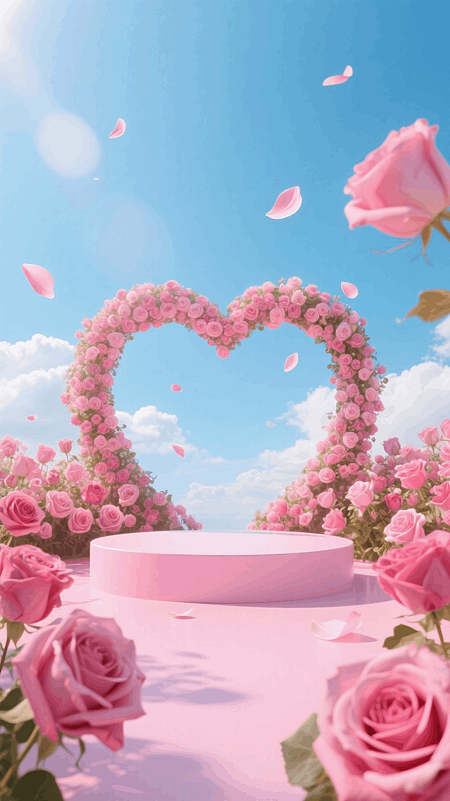一个展台，四周盛开许多玫瑰，蓝天白云，背后爱心的拱门，空中飘落几片花瓣，浪漫粉色调，近景，写实风格