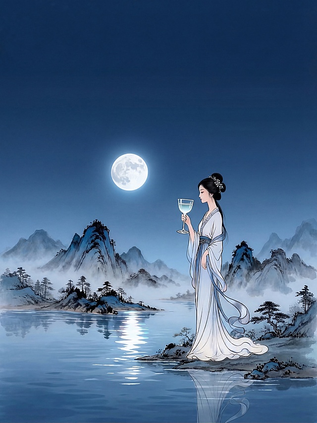 提取图中瓶身上的插画，保留完整内容：月夜下，穿白蓝古风长裙的古装女子手持玻璃杯站在水墨山水边，圆月当空，山水倒影在湖面，超高清，4K分辨率，细节清晰