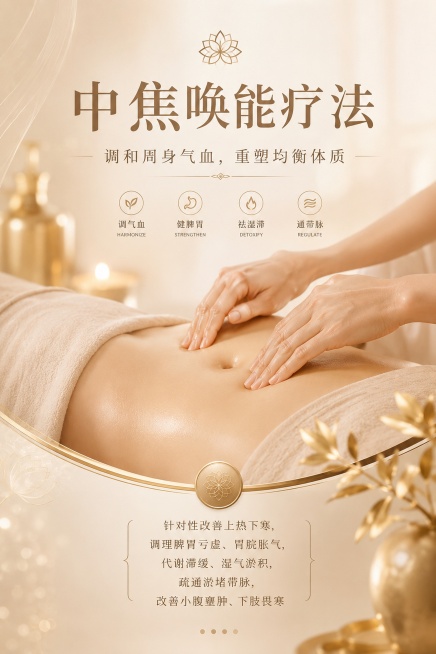 标题：中焦唤能疗法
小字：针对性改善上热下寒，调理脾胃亏虚、胃脘胀气，代谢滞缓、湿气淤积，疏通淤堵带脉，改善小腹壅肿、下肢畏寒，调和周身气血，重塑均衡体质
设计一张60X90的海报，高端美容会所使用，预览效果