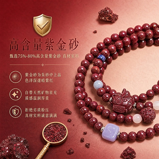 [商品] 使用【图1】紫金砂招财猫平安转运珠双圈手串；保留所有珠子、配珠、坠饰的外观、颜色、材质和结构，不做任何二创修改。
[画面] 页面目标：高含量紫金砂材质卖点，强调真品保障。构图：左文右图，右侧手串半展开展示朱砂珠子特写，主体占比约50%。左侧为材质信息区。背景为酒红到裸粉渐变纸质感。画面中散落少量朱砂原矿石颗粒和一个小型放大镜图标道具，呼应材质主题。景别：中近景+局部微距感。阅读动线：从左到右。
[视觉] 套系策略：风格=高级国风珠宝商业摄影；标题字=纤细宋体类国风字体；正文字=简洁宋体；主色=酒红+裸粉渐变；背景延展=酒红到裸粉深浅渐变+纸质感肌理；强调色=紫金红；标题色=深酒红色；正文色=米金色；组件=盾牌形保真图标、颗粒状图标、细分割线；光影=柔光微距质感，突出朱砂矿物颗粒感。
[文字] 左侧信息区：顶部盾牌图标+主标题"高含量紫金砂"；副标题"甄选75%-80%高含量紫金砂 真材实料"；下方三个卖点：①紫金砂为朱砂中上品 色泽深邃暗紫红 ②自带天然矿物星光 质感温润厚重 ③拒绝劣质粉压 真材实料诚意满满。每个卖点前配小圆点图标。
[规格] 1:1正方形，2K分辨率，medium质量。负向：变形、错字、模糊、杂乱、水印、平台Logo、产品外观改变、100%/最等绝对化用语。