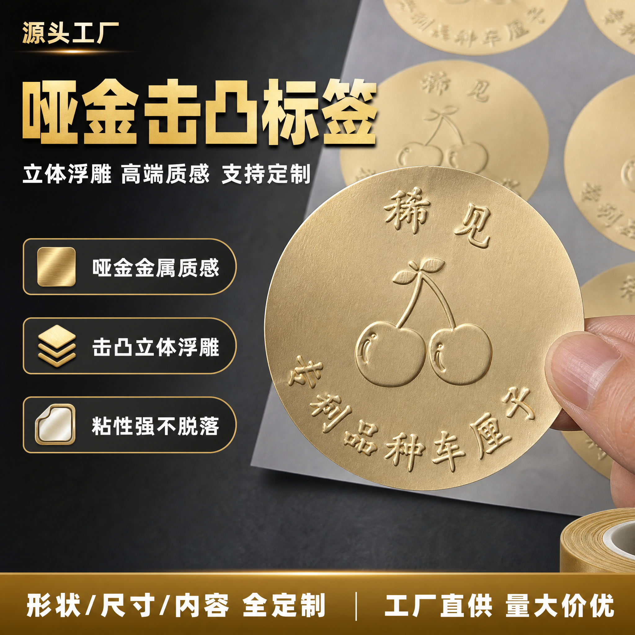 [单张主图] 哑金击凸不干胶圆形标签 1688 B端工厂源头感… - 图片创意预览