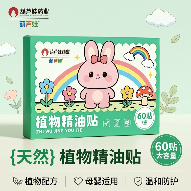 [主图-1] 葫芦娃植物精油贴产品首图。
[氛围风格] 清新可爱母婴风，明亮干净
[画质] 商业摄影质感，光线柔和通透，产品清晰真实，画面干净高级
[元素] 葫芦娃植物精油贴包装盒居中放置，保持产品外预览效果