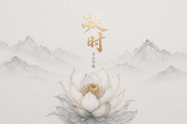 参考原图设计，调整为横版3:2比例，根据比例重新调整版面布局，保留原图的凝时烫金书法文字、天山雪莲文字、淡墨山水背景、带金边的白色天山雪莲，保持原图中式水墨烫金风格和冰裂纹背景