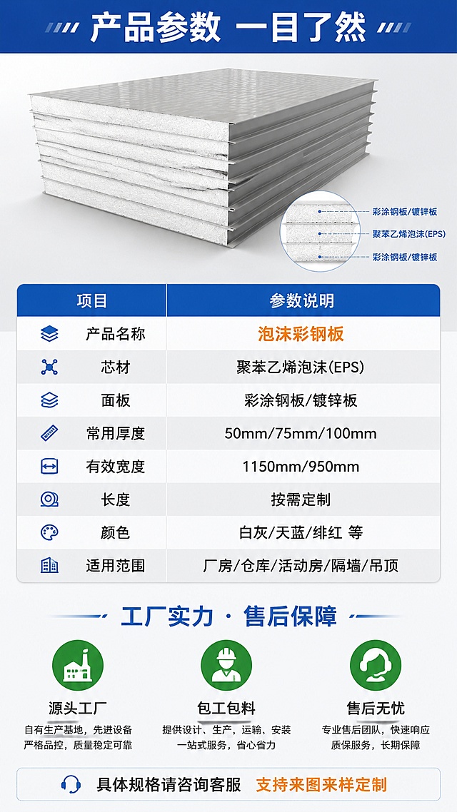 [第8屏] 规格参数收口-泡沫彩钢板产品参数表+工厂实力+售后保障（最后一屏）。本屏使用【图1】作为产品小图展示。
[氛围/风格] 参数总结风，专业严谨，信息完整，信任背书感。
[元素布局] 画面上方为产品展示区：一摞泡沫彩钢板侧面展示，占比约25%，清晰展示截面结构；中部为规格参数表，行列整齐；下方为工厂实力与售后保障区，分两栏或三栏图标展示；背景为浅灰底，顶部有蓝色标题栏；产品外观与输入图一致。
[光影质感] 均匀柔光照明，产品清晰，参数表干净易读，整体明亮专业。
[配色色系] 全局底色 #F5F6F8 浅灰底；主色深灰+白色；辅助色蓝色表头、橙色重点标注、浅灰表格隔行、绿色售后图标。
[视角构图] 上下分层布局，上产品+中参数+下保障，阅读动线从上到下。
[文字版式] 顶部蓝色栏主标题「产品参数 一目了然」，白字粗体；参数表包含：产品名称「泡沫彩钢板」、芯材「聚苯乙烯泡沫(EPS)」、面板「彩涂钢板/镀锌板」、常用厚度「50mm/75mm/100mm」、有效宽度「1150mm/950mm」、长度「按需定制」、颜色「白灰/天蓝/绯红 等」、适用范围「厂房/仓库/活动房/隔墙/吊顶」；表格表头蓝底白字，内容区隔行变色；下方3个售后保障图标横排：「源头工厂」「包工包料」「售后无忧」，每个图标配简短说明；底部小字：「具体规格请咨询客服 支持来图来样定制」；全部文字清晰可读。
[比例分辨率] 9:16 竖版比例，4K分辨率，文字清晰可辨，高清画质。
[负向提示词] 产品变形，参数表错乱，颜色偏差，水印，文字错乱，文字过小，表格模糊，行列不齐。