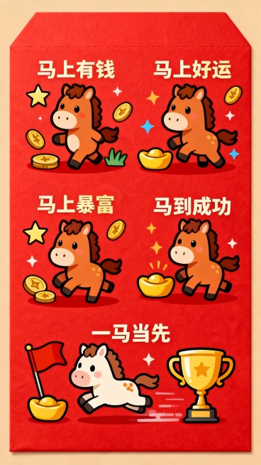 谐音梗创意元素：围绕 “马” 的吉祥谐音设计，比如马上有钱、马上好运、马上暴富、马到成功、一马当先，将文字和对应意象（钱币、星星、爱心）结合。
治愈系小配饰：云朵、星星、月亮、爱心、彩虹、小糖果、小气预览效果