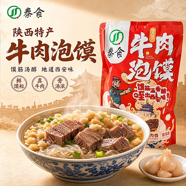 秦食牛肉泡馍电商主图首图 陕西特产国潮食欲风 1:1正方形。
画面右下方摆放完整的牛肉泡馍包装袋 正面朝向观众 袋前放一碗刚煮好的牛肉泡馍 馍粒饱满 牛肉块大厚实 粉丝晶莹 骨汤冒热气 旁边放一小碟糖蒜 背景浅暖米色 隐约有西安古城墙剪影和祥云纹样 左上角留空放文字 产品下方有柔和投影。
自然暖阳侧逆光 突出泡馍油亮光泽和汤面热气 包装袋材质真实 商业美食摄影质感。
文字集中在左上方 主标题大字 陕西特产 牛肉泡馍 下方小字 馍筋汤醇 地道西安味 再下方三个小圆标 鲜馍粒 真牛肉 骨汤浓 左上角放秦食品牌Logo 文字清晰不遮挡产品。
背景简洁 产品清晰完整 文字清晰可读 无错字 无水印 无平台Logo 真实自然。