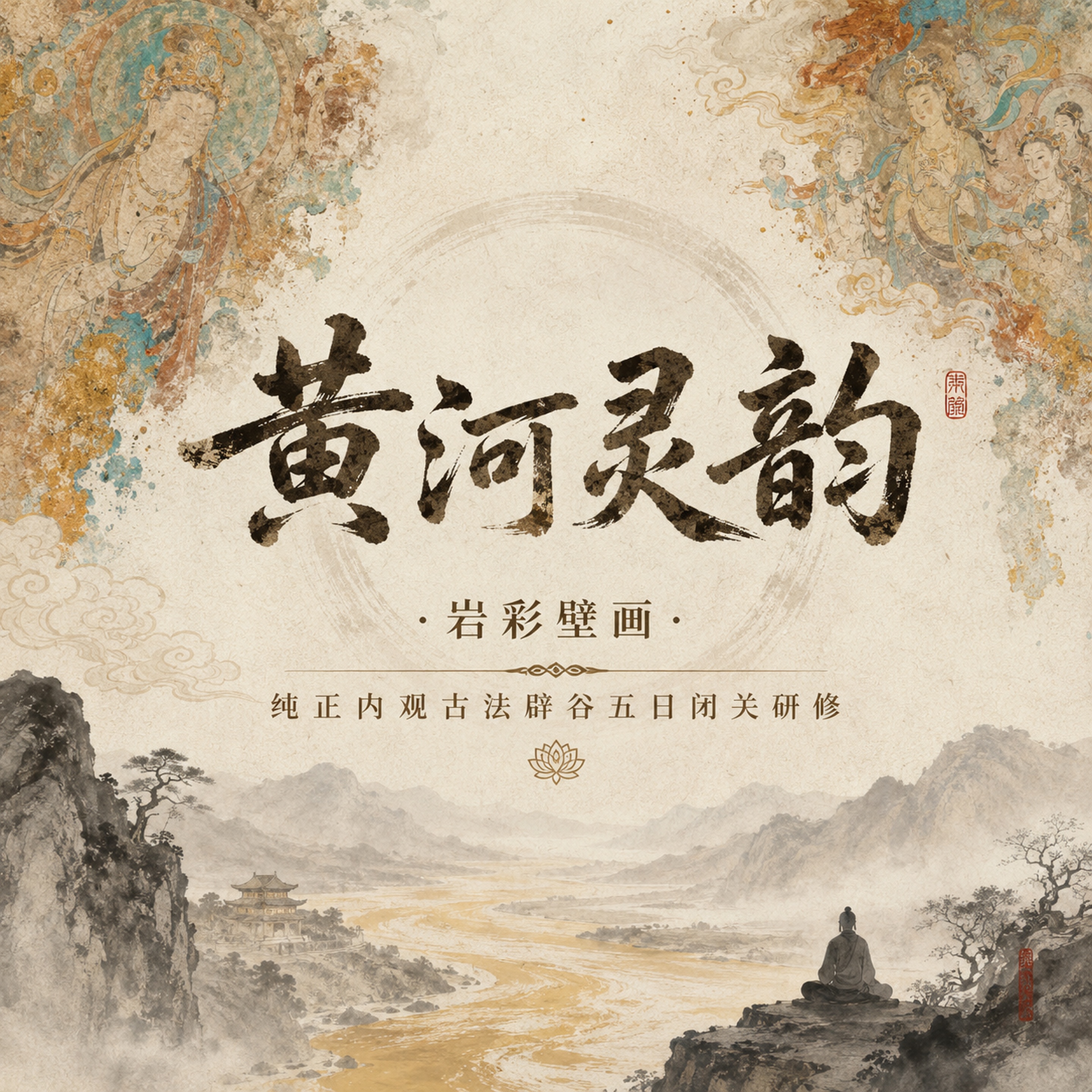 正方形禅意封面图，主题为“黄河灵韵 · 岩彩壁画 纯正内观古法… - 图片创意预览