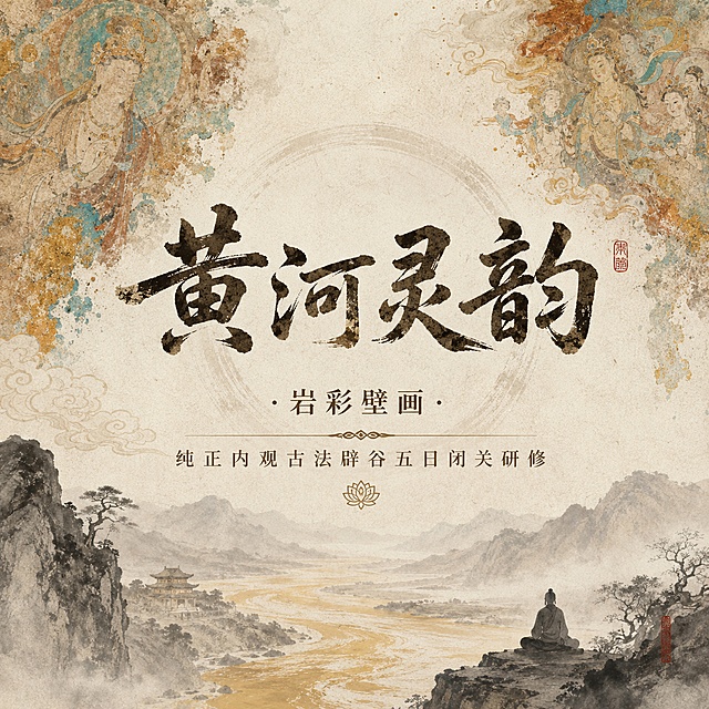 正方形禅意封面图，主题为“黄河灵韵 · 岩彩壁画 纯正内观古法辟谷五日闭关研修”，风格禅意古风，素雅宣纸底调，点缀浅淡岩彩壁画纹理和水墨山水元素，主标题大字居中，保留整体禅意宁静氛围，1:1正方形构图