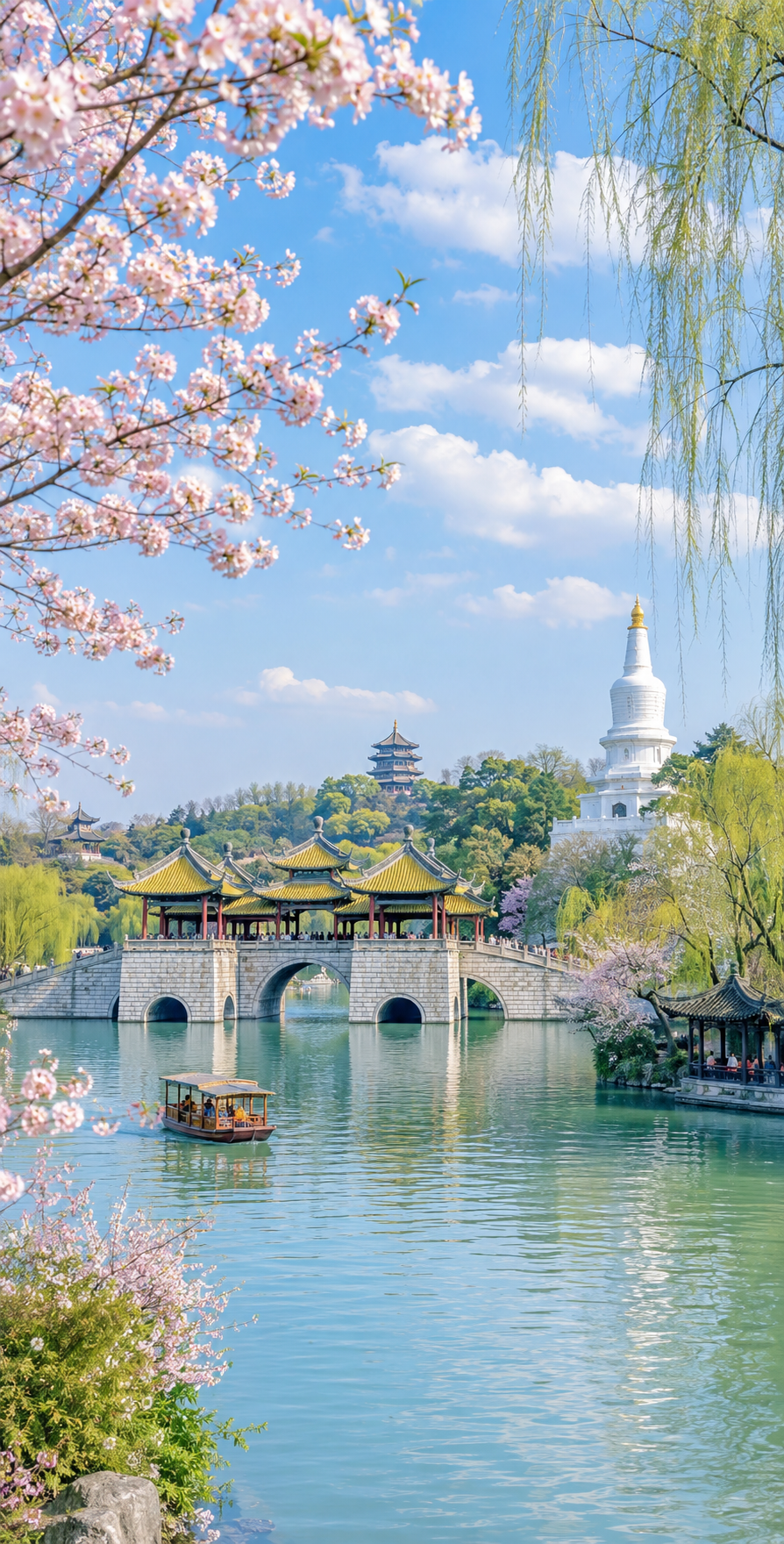 扬州是个好地方主题风景图，展现扬州瘦西湖的秀美风光，五亭桥横跨… - 图片创意预览
