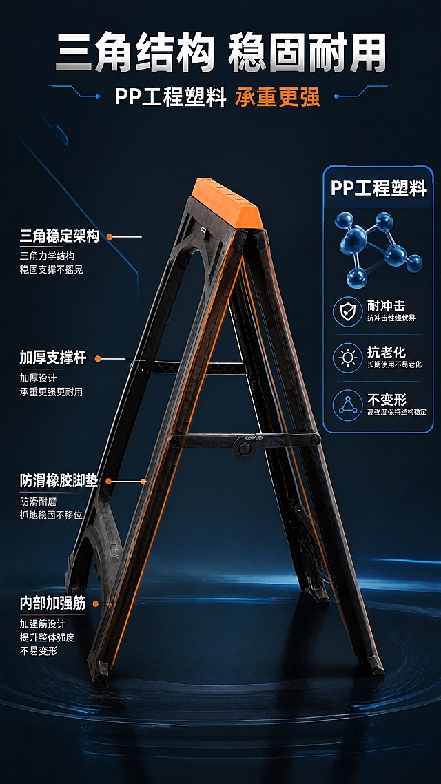 [第4张] 结构材质解析-折叠木工马架三角稳定结构+PP材质。本张使用【图2】展示侧面三角结构。
[氛围/风格] 科技解析风，结构爆炸感，专业工业设计风，深色背景高对比。
[元素布局] 产品侧面45度角置于画面中央，占比约50%，展示三角支撑结构；左侧有结构线标注，指向关键部位：三角稳定架、加厚支撑杆、防滑脚垫、加强筋设计；右侧有材质说明区，展示PP工程塑料材质特性；背景为深蓝黑渐变，有科技感线条装饰。
[光影质感] 侧上方硬光照明，突出结构立体感，产品边缘有轮廓光，整体冷峻专业。
[配色色系] 全局底色 #0D1B2A 深蓝黑；主色黑色结构+橙色标注线；辅助色蓝色科技光效。
[视角构图] 侧面微仰视，产品居中，左右两侧信息标注，阅读动线从中心向两侧扩散。
[文字版式] 顶部主标题「三角结构 稳固耐用」，副标题「PP工程塑料 承重更强」；左侧4条标注线分别对应「三角稳定架构」「加厚支撑杆」「防滑橡胶脚垫」「内部加强筋」，白色引线+橙色端点+白色文字；右侧材质说明卡「PP工程塑料」「耐冲击」「抗老化」「不变形」三个特性标签；文字清晰，排版专业。
[比例分辨率] 9:16竖版比例，4K分辨率，文字清晰可辨，高清画质。
[负向提示词] 产品变形，结构错误，颜色偏差，水印，文字错乱，产品图模糊，背景杂乱。