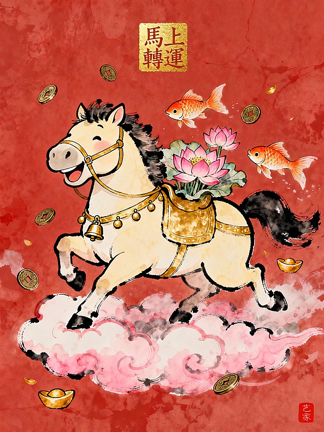 国潮风插画，拟人化骏马踏云奔腾，水墨与水彩交融，搭配莲花、锦鲤与铜钱，喜庆中式元素满溢，寓意“马上转运”，节日氛围浓厚。