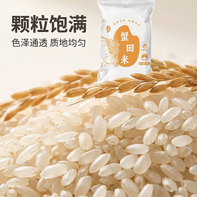 [主图-3]盘锦蟹田米米粒细节特写主图。
[氛围风格] 微观质感，突出优质大米颗粒饱满的品质。
[画质] 商业摄影质感、微距清晰、光线柔和通透、细节纹理真实、画面干净高级。
[元素] 原产品包装放在画面上部，下方铺开大量晶莹饱满的蟹田米生米粒，微距特写展示米粒通透光洁的纹理，旁边散落几支带稻穗的稻杆。保持原产品包装外观文字信息、颜色、材质与输入产品图绝对一致，杜绝任何变形和色差，精细化处理。商品主体占比严格控制在 70% 左右，画面满铺无边框。
[光影] 自然侧光打亮米粒，突出米粒纹理和通透质感，光影对比自然，颗粒感清晰。
[配色] 主色调为米粒的象牙白，搭配稻穗金黄和包装暖橙色，温暖干净。
[视角构图] 俯视偏平视，微距特写，前景米粒清晰，背景产品略微虚化，景深较浅突出细节。
[文字版式] 画面左上角写大字“颗粒饱满”，下面小字“色泽通透 质地均匀”，深灰色文字放在浅色背景上，对比清晰，不遮挡米粒主体。
[比例分辨率] 1:1 比例，2048x2048px，2k 分辨率；文字清晰锐利，超高清。
[负向提示词] 变形，水印，文字错乱，产品图模糊，背景杂乱，牛皮癣，配色刺眼，遮挡主体。