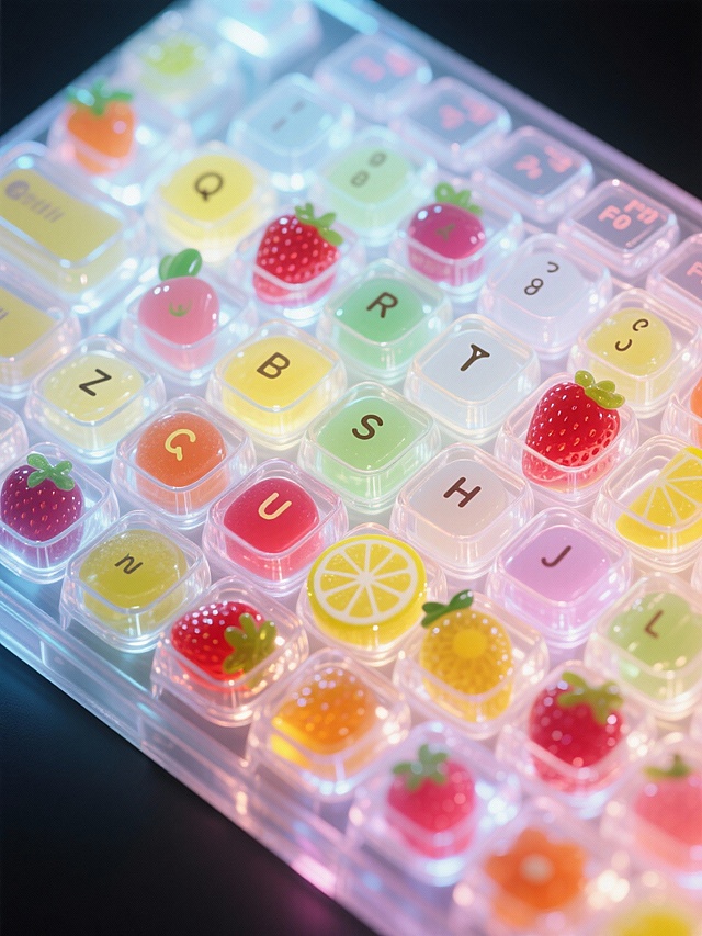 清透玻璃风键盘，3D轻拟物水果键帽，甜蜜可爱，柔和光影营造舒适治愈感。