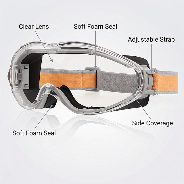 Create a close-up product detail image of reference's clear protective safety goggles on a clean light gray and white background. Do not change the product shape, color, material, lens structure, strap color, foam padding, or core appearance. Keep the clear goggles, gray-orange elastic strap, and black foam padding exactly consistent with the reference product. Highlight the transparent wraparound lens, soft black foam padding, side coverage, and adjustable gray-orange elastic strap. Use subtle arrows and clean English labels: "Clear Lens", "Soft Foam Seal", "Adjustable Strap", "Side Coverage". The goggles should look sharp, premium, and realistic. Style: premium e-commerce detail image, clean layout, sharp product texture, simple graphic labels. Size: 1:1 square, 800x800px. Negative: no Chinese text, no watermark, no logo, no clutter, no unrealistic lens color, no product deformation.
