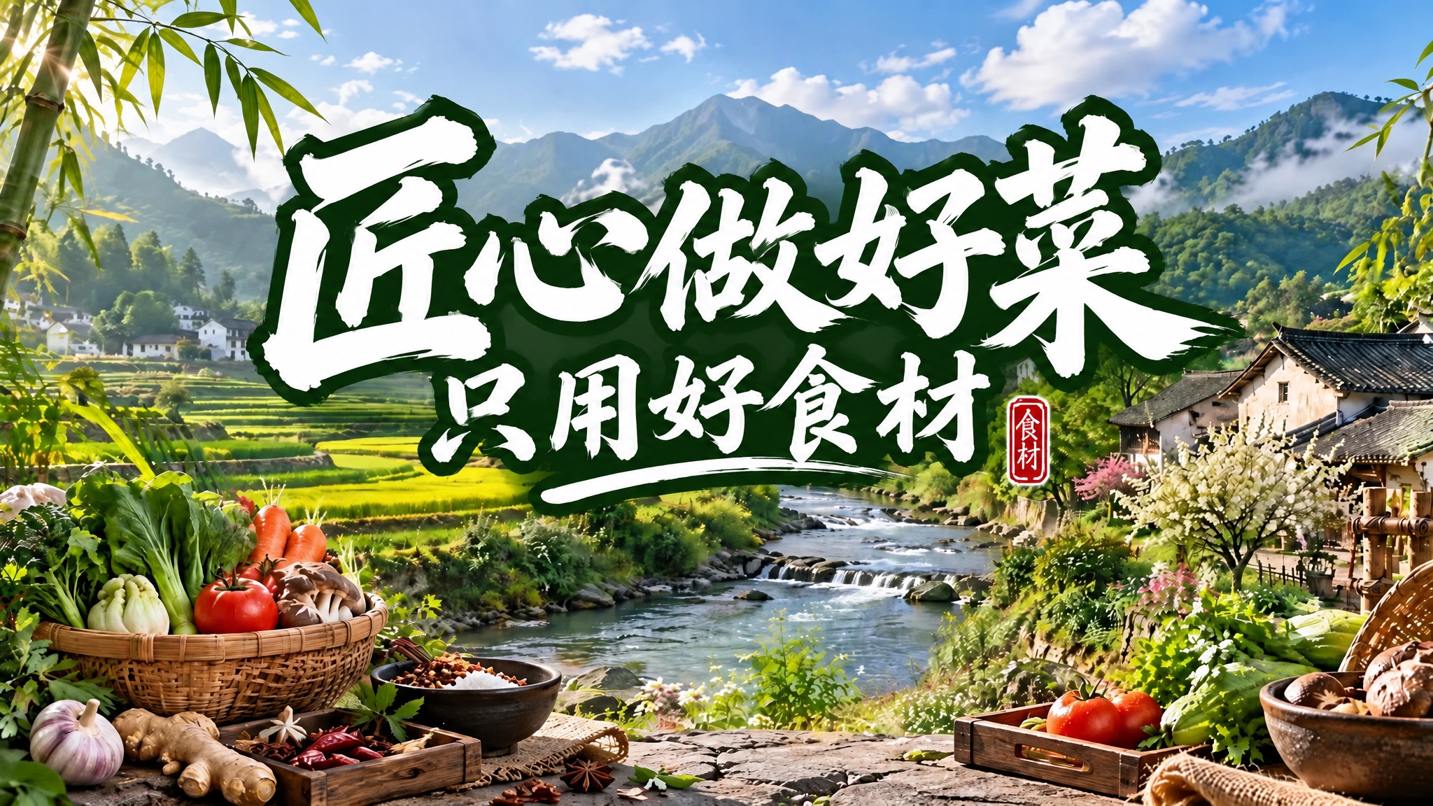 保持图中山水田园背景、底部食材配饰元素和整体风格完全不变，将画… - 图片创意预览