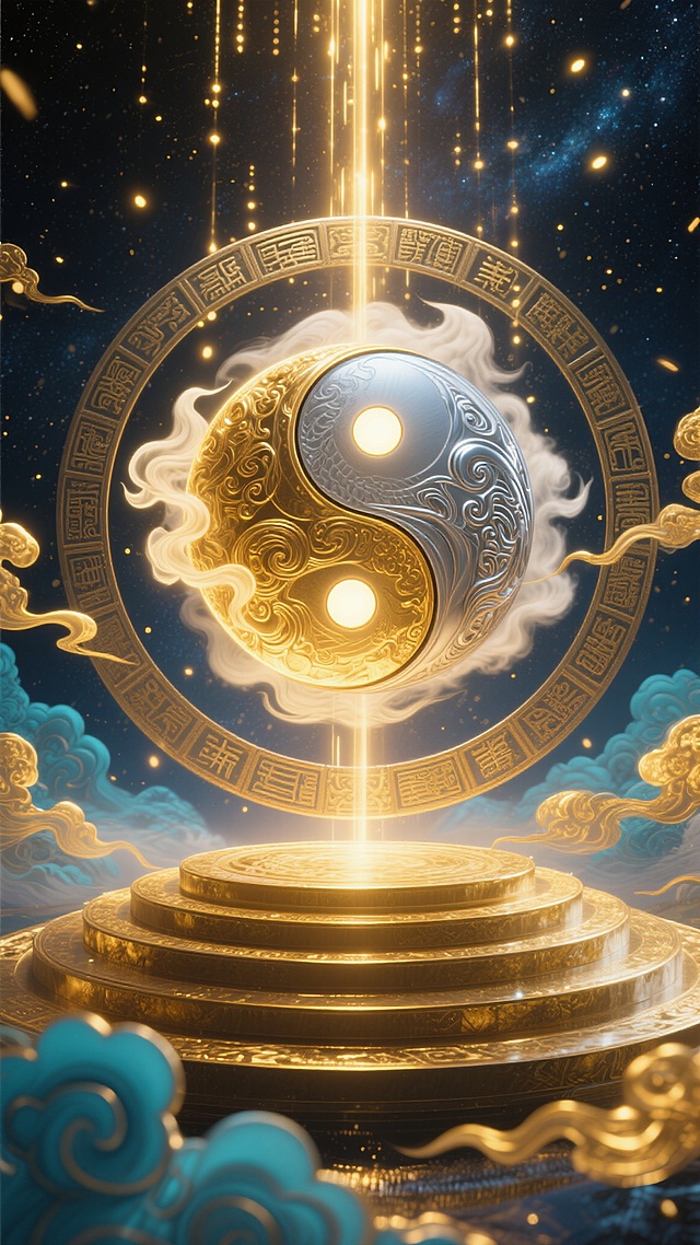 一张具有浓厚神秘东方玄幻色彩的海报，画面中央是一个巨大而精致的八卦太极图，阴阳两仪部分以流动的金色与银色云雾质感呈现，阴阳鱼眼为明亮的光点，太极图外圈环绕着繁复的古老符文和图腾。八卦太极图悬浮在多层同心圆台阶状的金色平台之上，平台边缘有光晕流转。画面整体笼罩在深邃的星空背景中，无数金色的光点和光线从上方垂直洒落，如同神圣的光柱，周围环绕着飘逸的金色和青色祥云，营造出庄严、神秘、能量涌动的氛围。整体色调以金色、银色、深蓝为主，光影对比强烈，高光部分闪耀夺目，暗部深邃神秘，具有强烈的视觉冲击力和层次感，设计风格华丽而富有奇幻色彩，能在短时间内吸引观者目光并传达出神秘玄妙的东方文化主题。