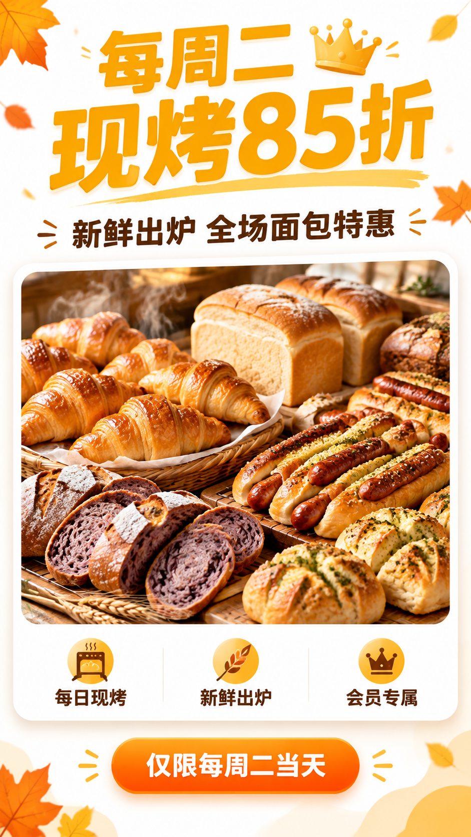 第3屏 会员日85折福利模块，白色背景，秋叶黄和橘色点缀，卡片… - 图片创意预览