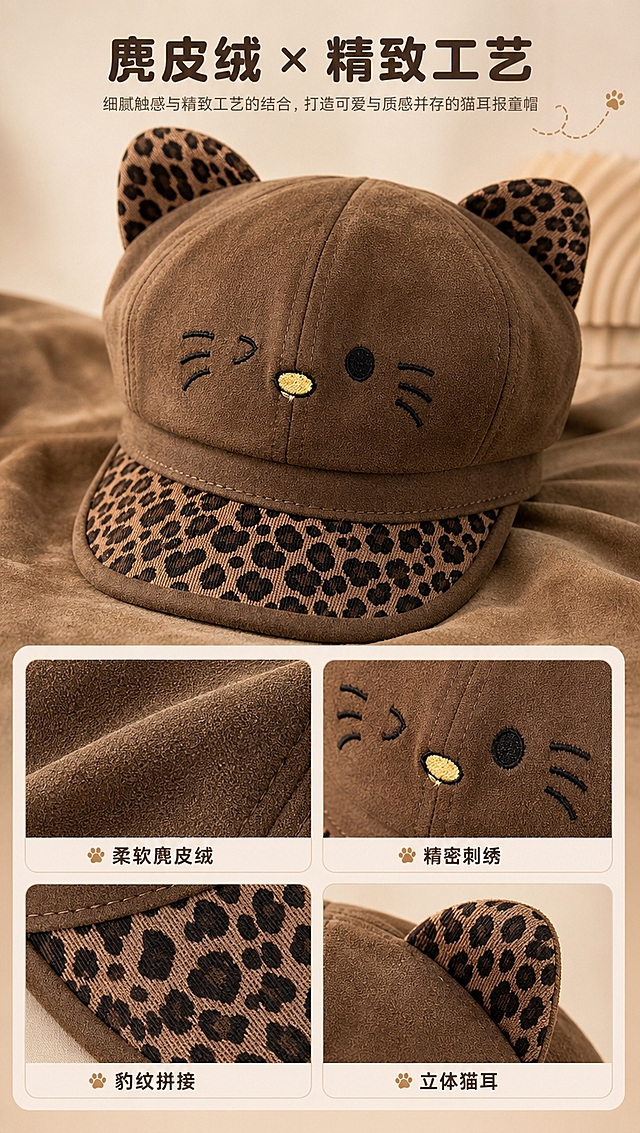 [商品] 使用【图8】棕色豹纹猫耳报童帽做材质细节展示；商品处理：保留麂皮绒面料、豹纹图案、猫咪刺绣五官、猫耳造型和棕色原貌；放大面料纹理与刺绣针脚，增强绒面质感和缝线清晰度，不改变材质和颜色。
[画面] 目标：材质工艺页，展示麂皮绒质感与刺绣工艺；构图：上方大特写帽子正面，下方2×2宫格展示面料微距、刺绣细节、豹纹拼接、猫耳造型；产品占画面75%；景别：产品特写+微距；阅读动线：从上到下；前中后景：前景同色系绒布铺垫、中景帽子细节主体、后景浅米色柔和背景。
[视觉] 套系策略：风格=韩系简约明朗商业摄影；标题字=圆润无衬线粗体；正文字=简洁无衬线体；主色=暖棕米杏；背景延展=基于暖棕米杏做深浅渐变、同色系柔和色块与细腻纸张质感；强调色=焦糖棕，仅用于小面积图标、引线和标签；标题色=深咖棕；正文色=中暖灰；组件=圆角浅底信息卡、细曲线引线；光影=前侧暖柔光，柔和漫射。
[文字] 顶部主标题「麂皮绒 × 精致工艺」，下方宫格每格配短标签：柔软麂皮绒、精密刺绣、豹纹拼接、立体猫耳；文字简洁不抢画面。
[规格] 图片比例9:16竖版，4K分辨率，避免变形、错字、文字过小、冷蓝背景、材质失真。