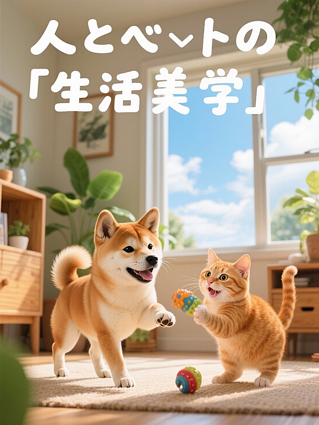 软3D风格呈现温馨可爱的宠物互动场景，拟人化猫咪与柴犬共享玩具，阳光洒满客厅，传递生活美学的治愈感。