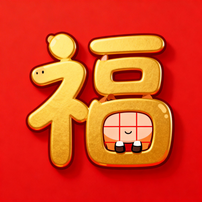 红底金福字，福字的田字格设计成卡通马肚子，露出小马蹄，金色福字憨态可掬预览效果
