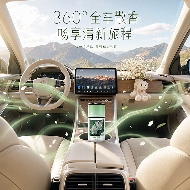 [主图-5] 主题：车内场景——360°全车散香，明亮豪华车内沉浸式体验。
[统一基调] 明亮通透高级感，浅色车内场景，自然光感，纤细无衬线字体，字间距宽松；整体配色浅米白+淡绿+柔金，明亮清新有品质感。
[画面] 明亮的豪华汽车前排内饰广角视角，浅色Nappa真皮座椅，哑光木纹饰板，大尺寸中控屏显示着山脉壁纸。中控杯架中稳稳放置一瓶雨后栀子香型V-MAFA车载香薰（绿色渐变瓶身）。从香薰瓶向四周轻柔发散出半透明的淡绿色花香气流，呈360°环形轻柔扩散，穿过空调出风口，流向驾驶位、副驾驶位和后排方向，气流中点缀着微小的白色花瓣光点，轻盈地展示全车散香效果。仪表台上还摆放着一小束白色满天星干花和一个可爱的毛绒小挂件，增添生活气息。车窗外是明亮的蓝天和远处的山脉（浅景深），阳光充足，车内通透明亮。整体画面明亮清新，传递愉悦的驾驶氛围。
[光影质感] 自然光感，明亮通透，阳光从车窗大面积洒入车内；瓶身有真实的车内环境反光和阳光高光，磨砂玻璃质感清透；散香气流有半透明的轻盈质感，边缘柔和；真皮座椅有自然纹理和柔和光斑；木纹饰板有细腻木纹；整体光影柔和自然，明暗过渡均匀。
[配色] 整体浅米+暖白主色调；散香气流用淡绿色+白色光点；产品绿色瓶身为视觉焦点；文字用深棕色或墨绿色；高明度、低饱和、清新明亮。
[文字版式] 主标题位于画面上方居中，纤细无衬线细体字，字间距宽松，分两行写"360°全车散香  畅享清新旅程"；副标题在主标题下方，极小字号写"每一个角落 都有花香相伴"。文字颜色为深橄榄绿色，位置在画面上方明亮处，清晰优雅。字体统一为现代纤细无衬线体。
[输出要求] 比例1:1，2048*2048，2K分辨率；产品外观一致、散香效果轻盈高级、画面明亮通透有质感、文字精致、无变形、无错字、无水印、无平台Logo。