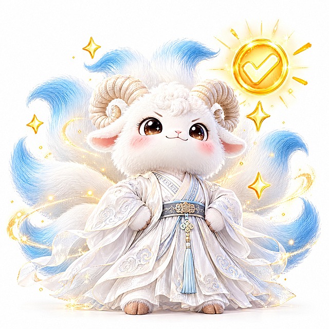 参考图中的白色九尾羊小神兽（羊角、九条蓝白渐变尾巴、白色毛绒质感、古风服饰），保持角色外观特征完全一致，做出傲娇骄傲特别牛的姿势，双手叉腰，下巴微微抬起，一脸得意洋洋的表情，自信满满的神态，周围有金色星星闪光特效和金色对勾徽章，Q版可爱国潮风格，3D渲染，毛绒质感，纯白背景