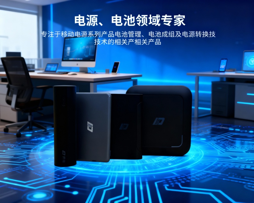 根据这张图，做一个网站动画图1280X560的，带广告内容为电源、电池领域专家 专注于移动电源系列产品电池管理、电池成组及电源转换技术的相关产品等。背景要科技办公场景预览效果