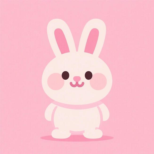 一只扁平化风格的可爱小兔子，身体圆润，耳朵长长的，眼睛又大又圆，嘴巴是微笑的弧线，四肢短小，整体造型简洁，色彩明快柔和，没有复杂的纹理和阴影，背景为纯色浅粉色预览效果