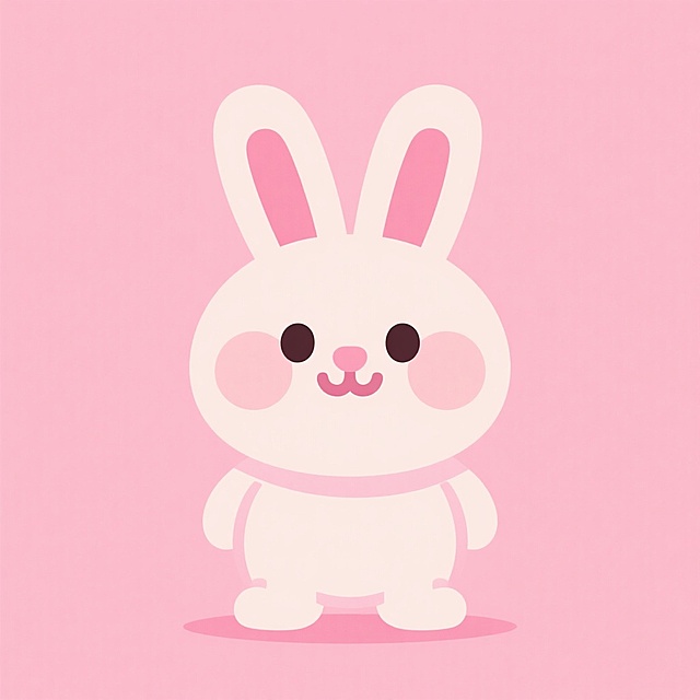 一只扁平化风格的可爱小兔子，身体圆润，耳朵长长的，眼睛又大又圆，嘴巴是微笑的弧线，四肢短小，整体造型简洁，色彩明快柔和，没有复杂的纹理和阴影，背景为纯色浅粉色