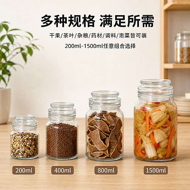 1:1正方形电商详情页规格对比主图，8K超高清写实商业摄影，柔和均匀暖调室内自然光，简约原木风厨房场景，前景为浅橡木色桌面#D4B896，背景为米白色墙面#F8F8F8，左侧放置白色花盆绿植，右侧浅木置物架虚化摆放餐具和小玻璃罐。画面下半部分，从左至右横向整齐排列四个透明加厚玻璃密封罐，保持四个罐子的外形、大小比例、玻璃材质与四张参考图完全一致，尺寸依次从小到大排列：最小的200ml罐内装满混合杂粮，400ml罐内装满深棕色咖啡颗粒，800ml罐内装满完整的干陈皮，最大的1500ml罐内装满腌制泡菜；每个罐子正下方放置一个棕色圆角矩形标签，白色文字标注对应容量。画面顶部居中，大号加粗黑色#000000文字："多种规格 满足所需"，下方依次居中文字："干果/茶叶/杂粮/药材/调料/泡菜皆可装"，再下方居中文字："200ml-1500ml任意组合选择"。整体风格温暖简约，玻璃通透带有自然高光，细节锐利清晰，无多余杂物，电商规格对比详情图质感。[负向提示词] 变形，改变罐子外形大小比例，水印，文字错乱，背景杂乱，遮挡主体。